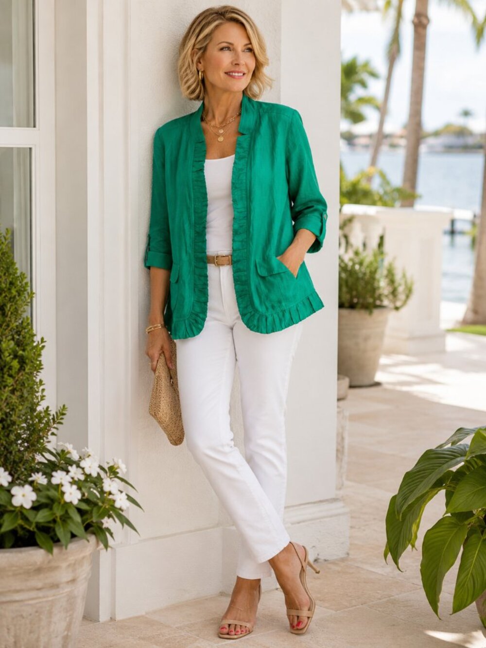 Chico's Emerald Green Linen Blend Ruffle Trim Open Front Jacket Size 2